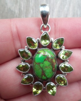 Zilveren hanger met koper groen Turkoois en Peridot